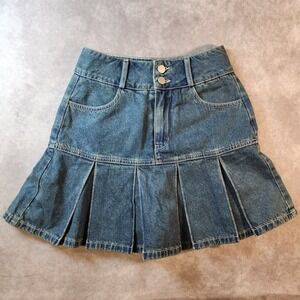 LEDIN Denim Pleated Mini Skirt Size 5 Y2K Drop Waist Double Button